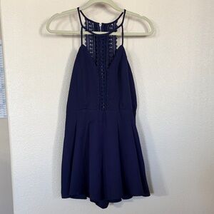 Navy Blue Lace Halter Romper Dress